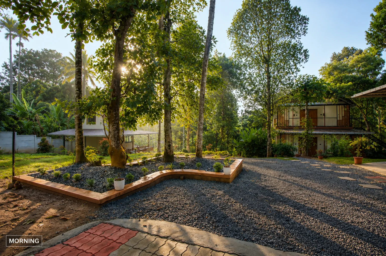 Morning sunlight over resort gardens