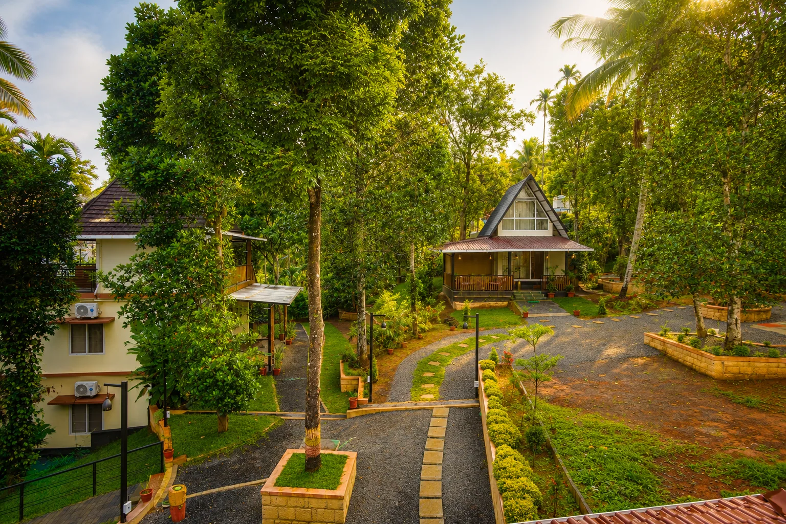 Resort buildings amid greenery